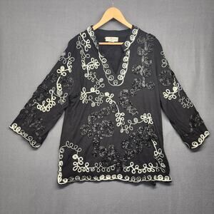 Once Again Top Women 1X Black Embroidered Embellished Floral Tunic Artsy Vintage